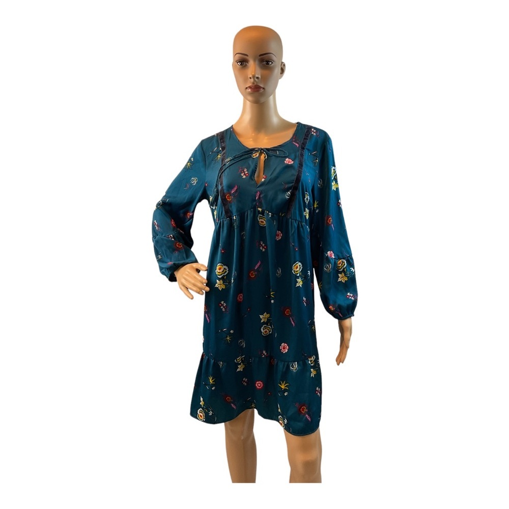 Old Navy Women's Medium Blue Floral Long Sleeve Pleated Ruffle Hem A Line Dress